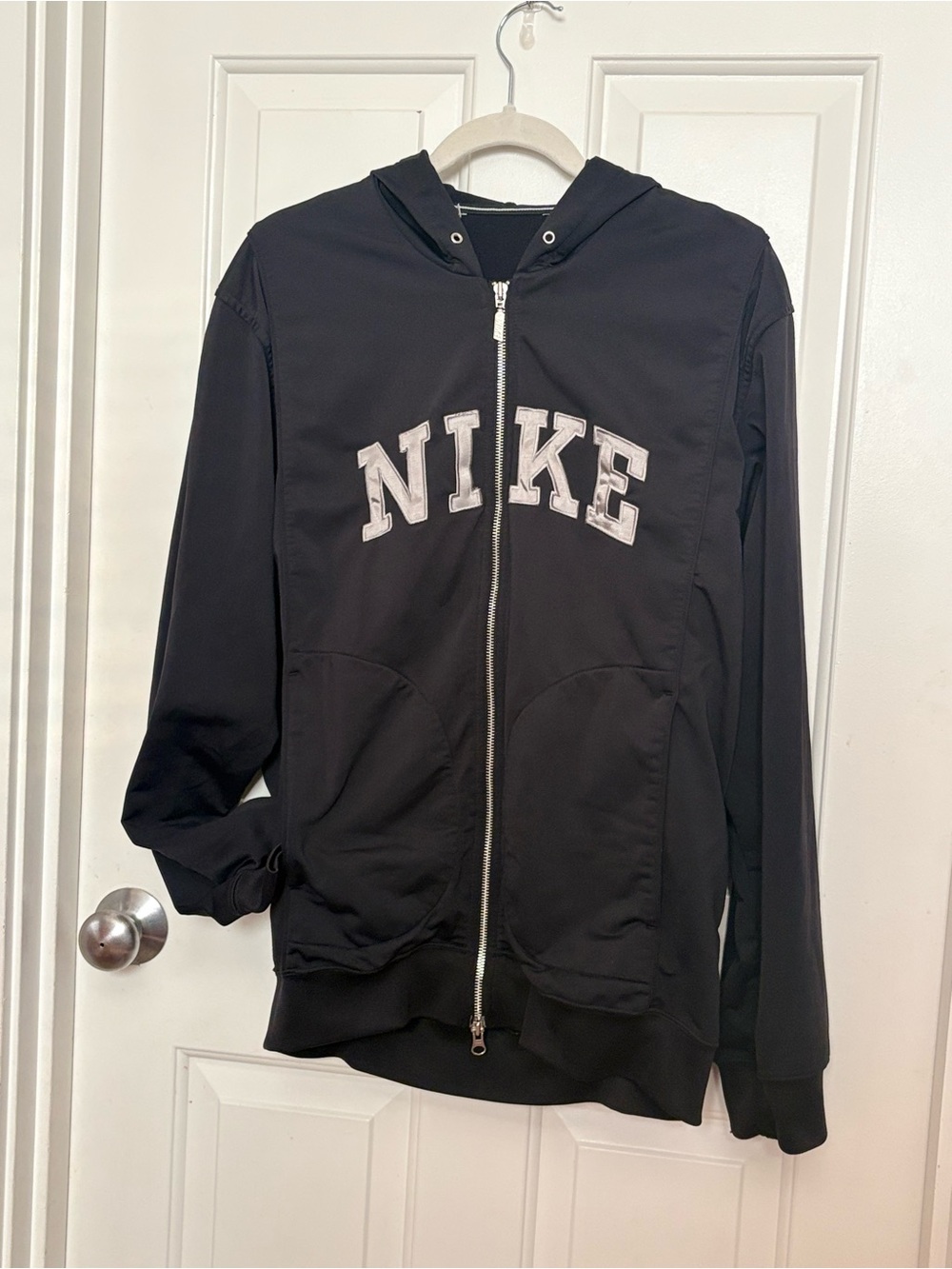VTG 90d Nike Spell Out Full Zip Black Hoodie Jacket L Gray y2k Tag Embroidered